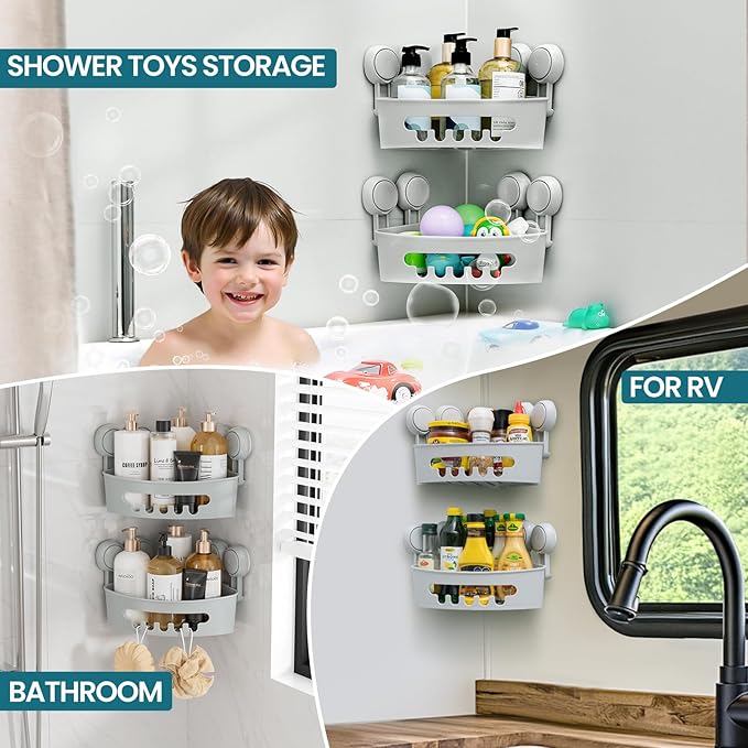 TAILI Suction Corner Shower Caddy, Bathroom Shower Shelf Storage Basket Wall Mounted Organizer for Shampoo, Conditioner, Plastic Rack for Kitchen & Bathroom, Drill-Free Removable (2 Pack)-Grey