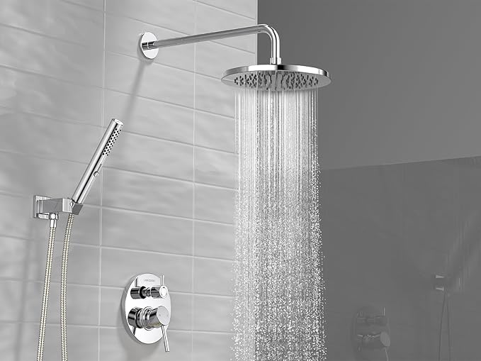 Lava Odoro Modern 2-Setting Round Rain Shower System with Handheld Spray, Chrome Rainfall Shower Faucet Set Rain Shower Head and Handle Set, Shower Valve Trim Kit,10 Inch, Chrome, SF104-C