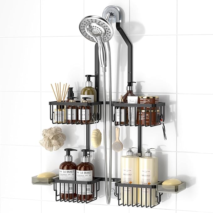 REINHARDT Aluminum Shower Caddy Hanging Adjustable Shower Caddy, Rustproof Hanging Shower Organizer with Hooks Soap Holders, Over Shower Head Caddy for Handheld Showerhead, Black