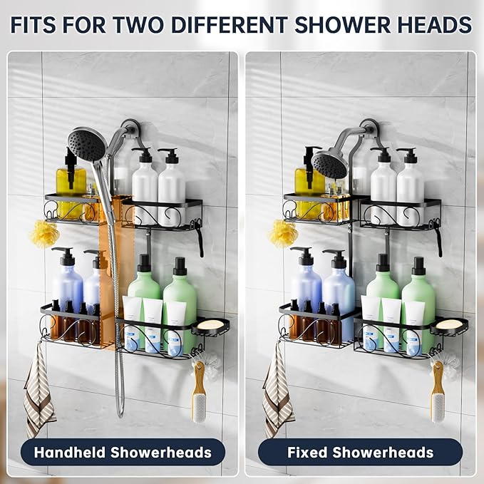 Kadolina Shower Caddy Hanging for Handheld Showerheads, Rustproof Stainless Steel Shower Organizer, Bathroom Organizer Rack with Soap Dish and Hooks for Razor/Sponge, Black