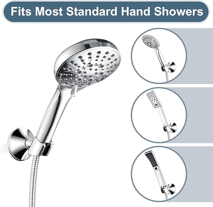 BRIGHT SHOWERS Strong Adhesive Shower Head Holder with Dual Angle Adjustable, Wall Mounted Handheld Shower Bracket, Easy Installation, Screw Mounting Options, Chrome