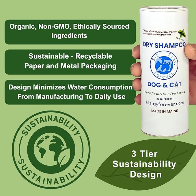 Sit. Stay. Forever. Dry Shampoo for Dogs & Cats – Organic Dry Bath Powder, Talco para Perros, Hypoallergenic, Odor Control for Smelly Dogs, No-Rinse, Anti-Itch, Safe & Natural, Made in The USA, 7 oz