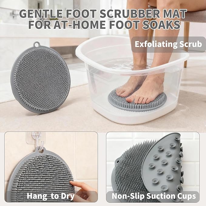 2 Pack Shower Foot Scrubber & Shower Back Scrubber Wall Mounted with Delicate Brush,Gentle Exfoliation Silicone Foot Scrubber for Shower,Non-Slip Back Washer for Shower(Grey and Grey)