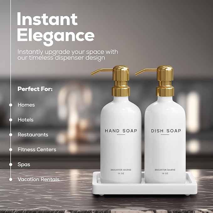 Luxury Glass Hand and Dish Soap Dispenser Set by Brighter Barns - Kitchen Soap Dispenser Set with Tray for Kitchen Sink - White and Gold Home Accessories & Decor for Restaurants, Airbnb, Gift (Gold)