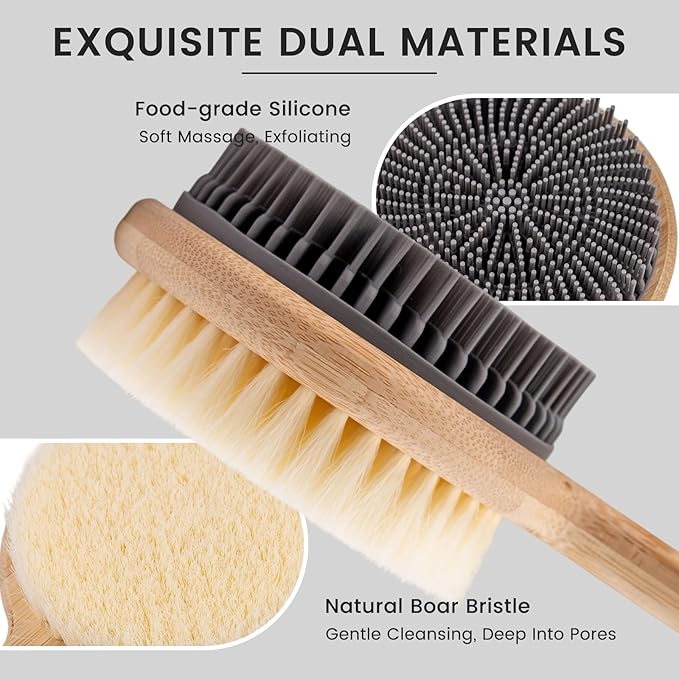 Back Scrubber for Shower - Double-Sided Silicone and Super-Dense Bristles for Deep Cleaning & Exfoliation, Bamboo Long Handle with Wider Anti-Slip Grip, Body Exfoliator for Wet or Dry Brushing