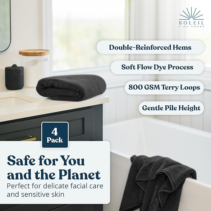 Soleil Fine Goods Luxurious 800 GSM 100% Cotton Bath Towel Set (4-Pack, 27x54) - Heavyweight & Ultra Absorbent, Plush Softness for Bathroom | Hotel & Spa Quality Luxury Towels- Charcoal
