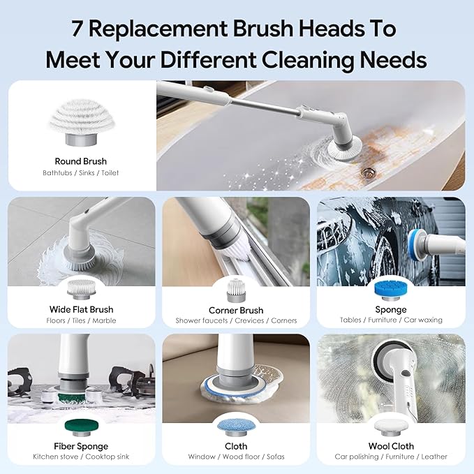Electric Spin Scrubber, 2025 New Cordless Cleaning Brush, Shower Cleaning Brush with 7 Replaceable Brush Heads, Power Scrubber 3 Adjustable Speeds, Detachable Long Handle & IPX7 Waterproof