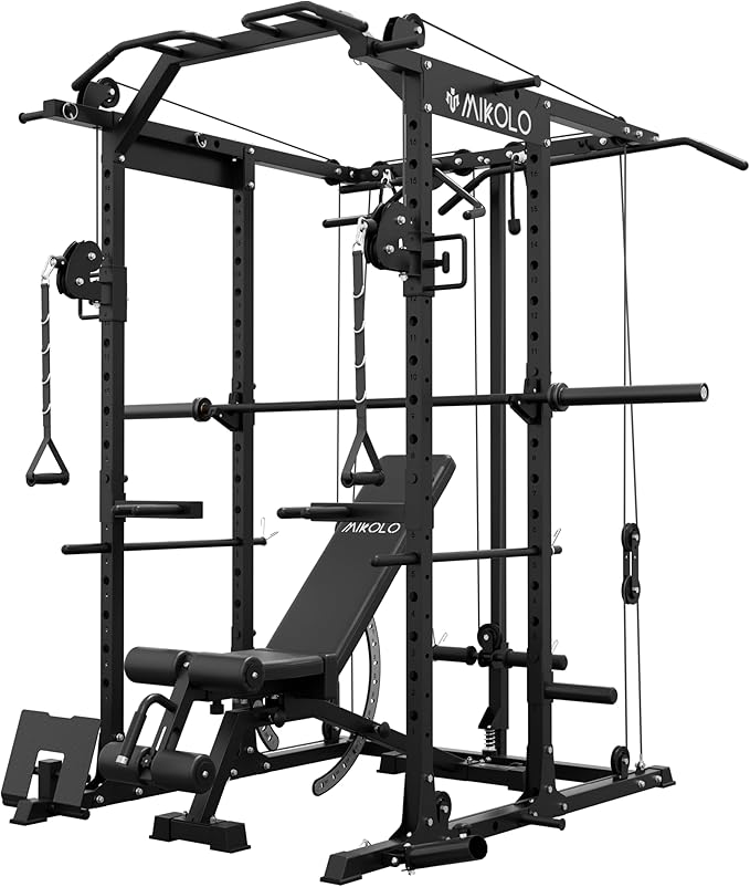 Mikolo Power Cage, Power Rack with Cable Crossover System, 1500LBS Squat Rack with LAT Pull Down System, Workout Cage with Pulley System for Fitness Home Gym