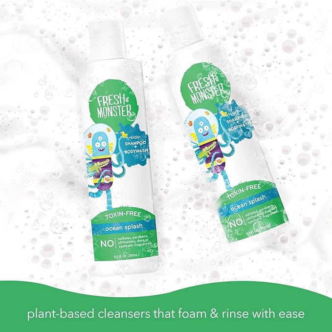 Fresh Monster 2-in-1 Natural Shampoo & Body Wash for Kids, Toxin-Free, Hypoallergenic, Ocean Splash (2 Pack, 8.5oz/each)