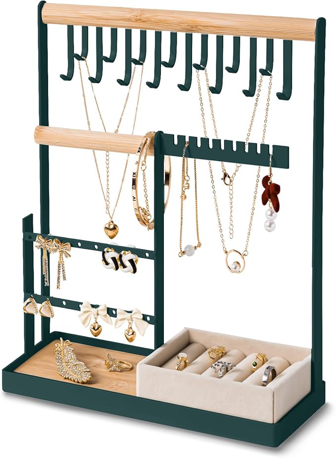DreamGenius Jewelry Organizer Stand with Velvet Ring Holder, 4 Tier Jewelry Holder Organizer with 15 Hooks for Necklaces and 16 Holes for Earrings, Green