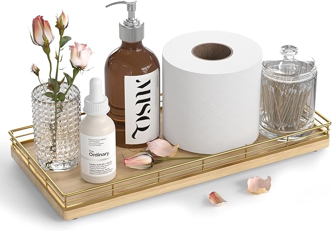Oak Bathroom Toilet Tank Tray, 13" Wood Back of Toilet Paper Storage Tank Topper Basket, Vanity Tray for Perfume Makeup Candle Toiletry Organizer for Kitchen Coffee Table Natural Tray Decor