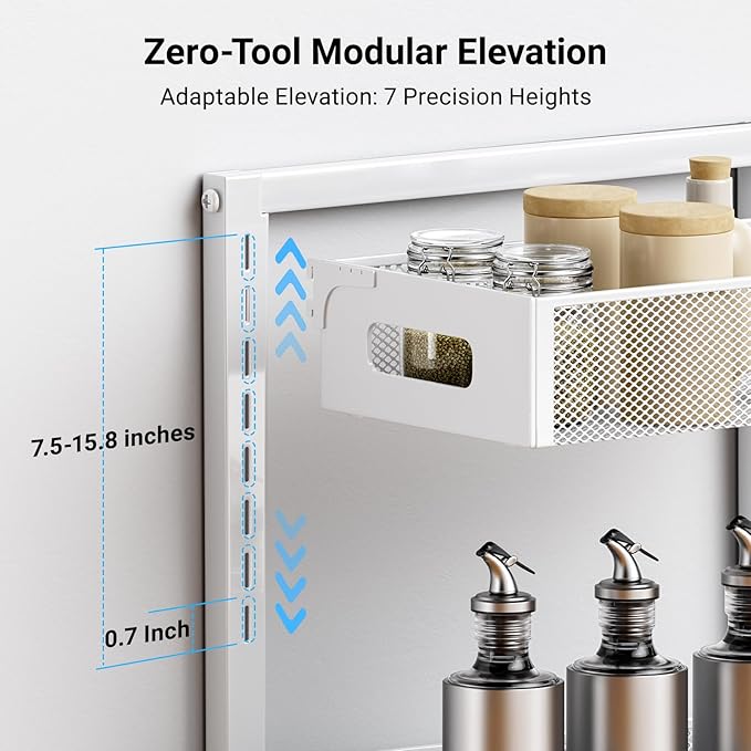 Pull-out Under Kitchen Sink Organizer, Metal Functional Under Sink Organizer, Height Adjustable Under Bathroom Sink Organizer, Under Sink Storage for Kitchen Bathroom Cabinet (White)