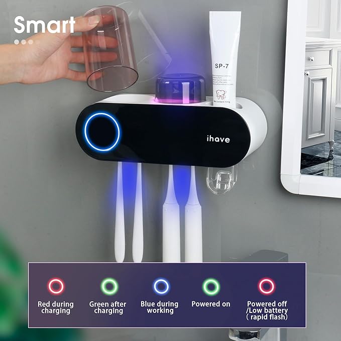 iHave Toothbrush Holders for Bathrooms, UV Toothbrush Sanitizer and Holder Smart Home Bathroom Accessories, 2 Cups Electric Toothbrush Holder Wall Mounted with Toothpaste Dispenser Bathroom Decor