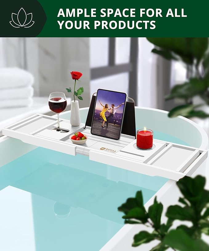 ROYAL CRAFT WOOD Premium Foldable Bathtub Tray - Wood Bath Tray for Tub, Bamboo Shelf, Expandable Bath Table Trays, Bathtub & Bathroom Accessories for New Home & Mothers Day & Birthday Gifts for Mom