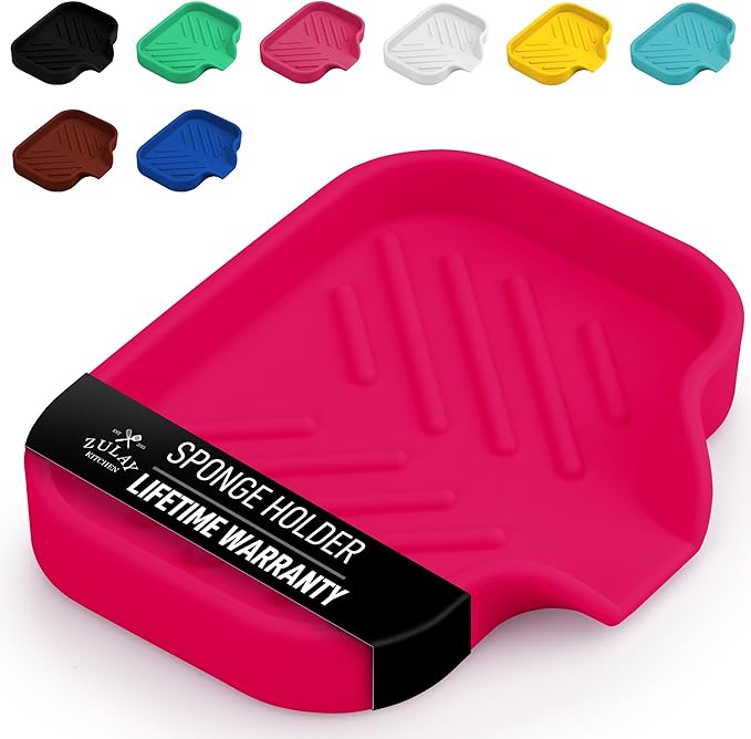 Zulay Kitchen Small Silicone Sponge Holder (4.9x3.3”) – Space-Saving Sink Organizer Tray for Sponge, Soap, Brush & More – Compact Non-Slip Dish for Kitchen & Bathroom (Dragon Fruit)