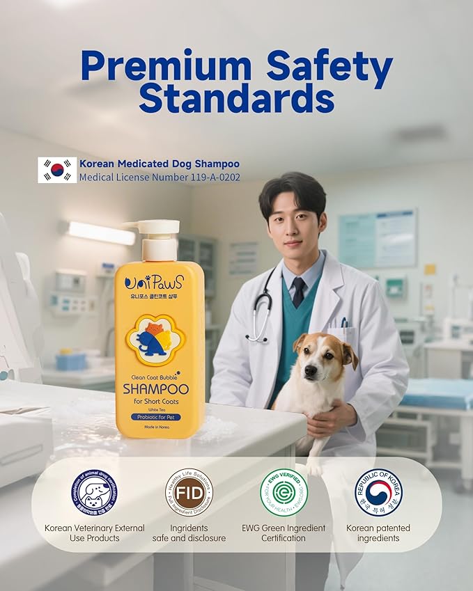 Unipaws Probiotic Dog Shampoo for Short-Haired Coats – Itch Relief, Deodorizing & Hydrating for Healthy, Fresh Skin with Calendula & Oatmeal – EWG Green & White Tea Scent, Made in Korea, 16.9 Fl Oz