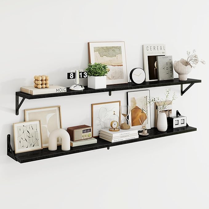 Dreamland 8 inch Deep Floating Shelves for Wall, 55W x 8D Wall Mounted Shelves Set of 2, Wide Display Ledge Shelf with Sturdy Metal Brackets for Living Room, Bathroom, Bedroom and Kitchen, Black