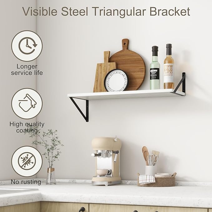 Fun Memories 27.5" W x10 D Floating Shelves, White Wall Shelf with Brackets, 10 Inch Deep Floating Shelf Set of 2, Large Storage Kitchen Living Room Bathroom Shelves, Wood Wall Mounted Shelf
