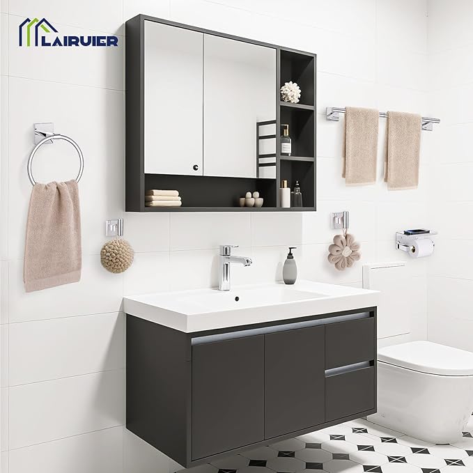 5-Piece Polish Chrome Bathroom Hardware Set, SUS304 Stainless Steel Bathroom Accessories Set 23.6 inches Towel Bar, Toilet Paper Holder with Shelf, Towel Ring and Two Towel Hooks Wall-Mounted
