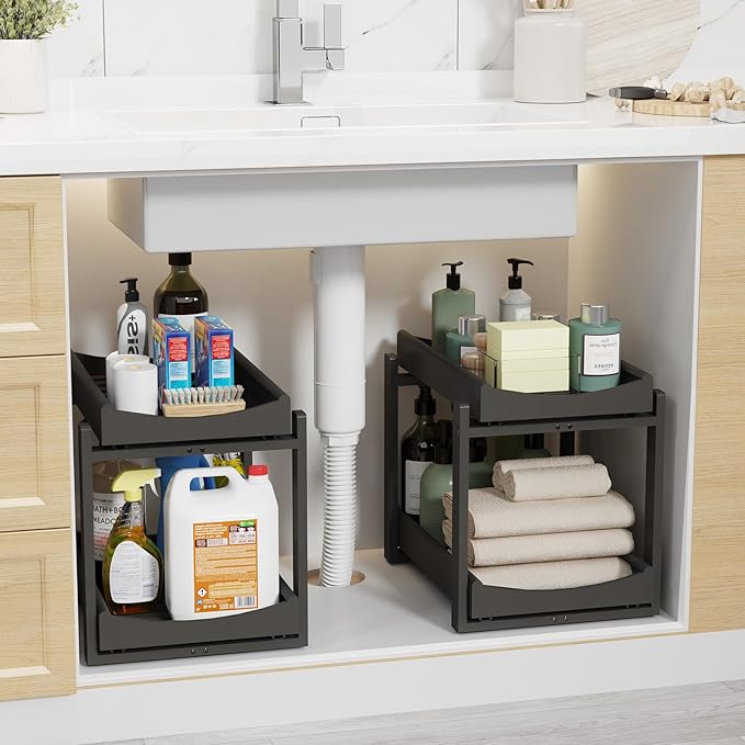 Bamboo Under Sink Organizer Adjustable Height 2 Tier Bathroom Organizer Pull Out Cabinet Storage Kitchen Heave Duty Wood Slide Ou Shelf for Kitchen Bathroom (Black, 2 Packs)