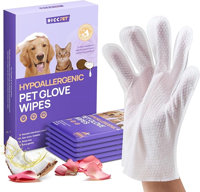 HICC PET Cleaning Deodorizing Glove Wipes for Dogs & Cats, Vet Recommended Hypoallergenic Hydrating & Nourish Fur Pet Grooming Glove Wipes, Pet Bathing Wipes for Horse Coat Care, 6pcs Rose Scent