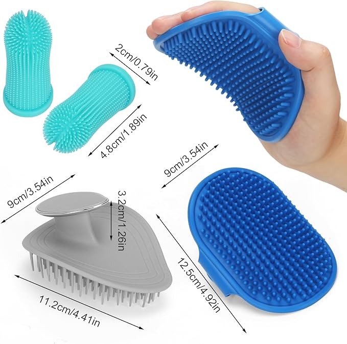 4Pcs Dog Bath Brush Set Non-Slip Shampoo Brush Anti-Slip Adjustable Massage Scrubber 360° Silicone Bristles Finger Toothbrushes for Pet Shower Grooming Brush