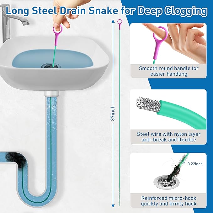 12 Pack Drain Clog Remover Kit, 59" Drain Snake(3pcs), 37" Steel Sink Snake(2pcs), 25" Snake Drain Hair Removal Tool(4pcs), 24" Drain Cleaner Tool(1pc), 18" Drain Brush(2pcs) for Sink, Toilet, Shower