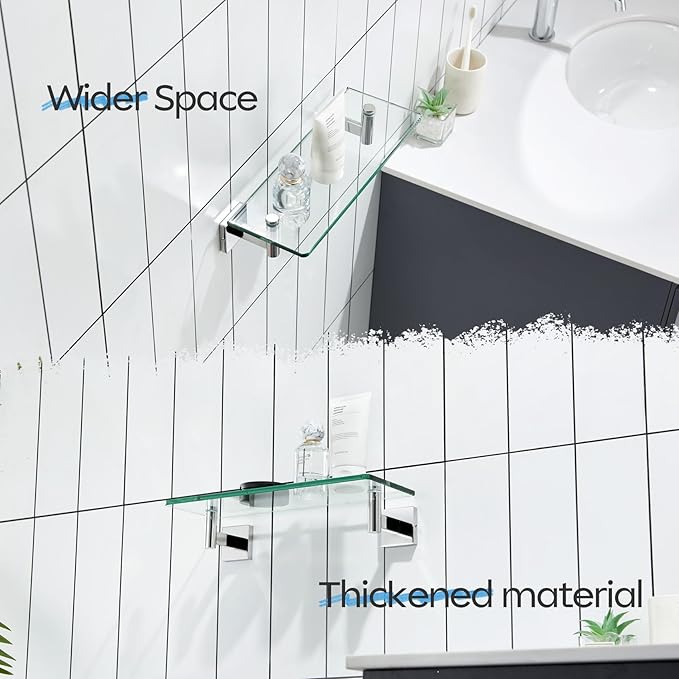 KOKOSIRI Bathroom Shelves Wall Mounted Floating Glass Shelf Polished Stainless Steel 12-Inch Hanging Rack for Storage/Room Decor 2 Pack B1105CH-L12-P2