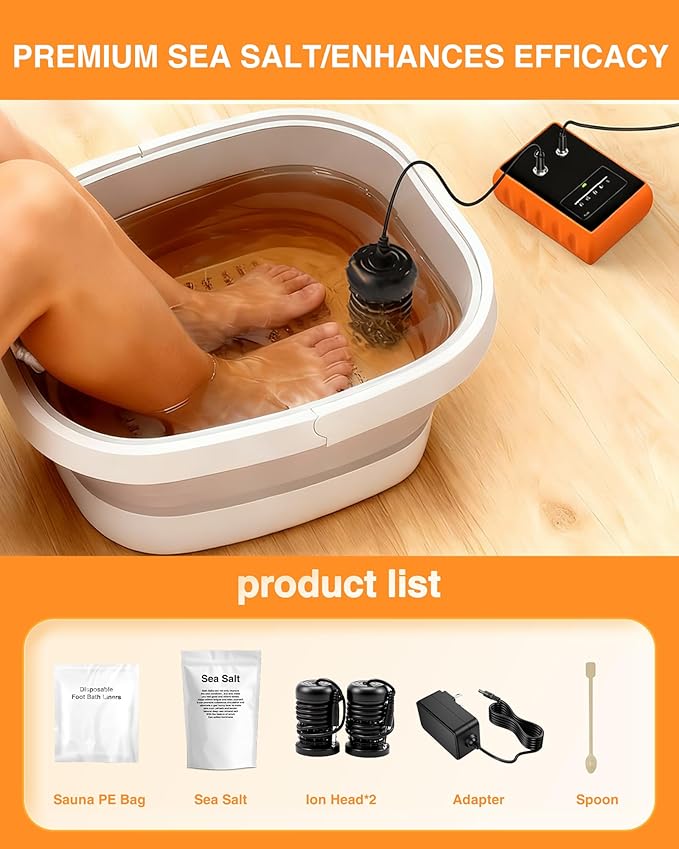 Ionic Foot Bath Detox Machine,Foot Detox Foot Bath Soak Tub with 2 Arrays,80 Disposable Foot Bath Liners,Detox Sea Salt,Folding Foot Spa Bucket,Home Salon-Level Foot Soaking Tub