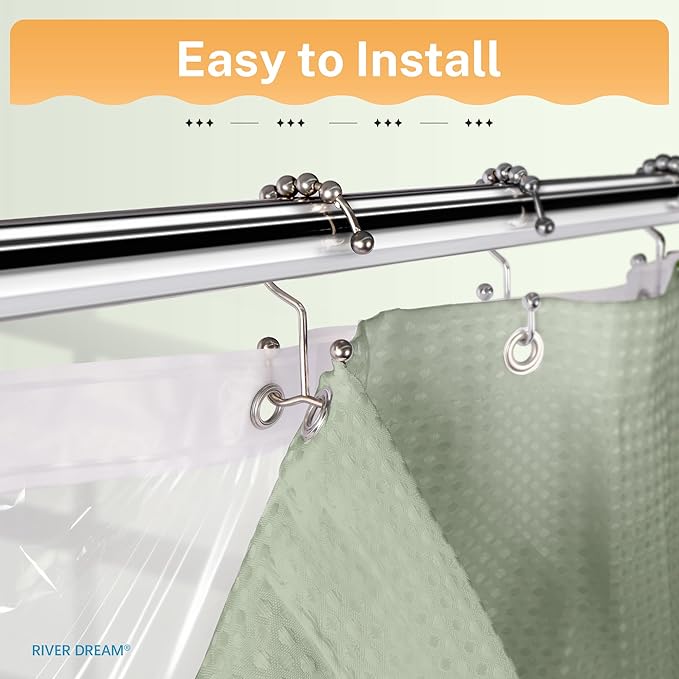 River Dream 3 in 1 Shower Curtain Set, Extra Long Waffle Fabric Shower Curtain and Waterproof Clear Liner Set with Double Sided Metal Hooks, Sage Green, 72" W*84" H
