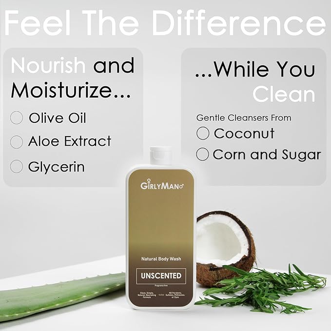 GirlyMan Natural Body Wash - Made with Olive Oil & Aloe Extract, No Artificial Fragrance, PH Balanced, Gentle Formula, Nourishing Ingredients, Family Owned (Unscented)