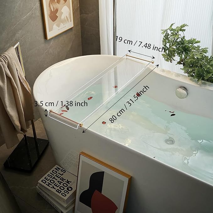 Bathtub Tray Clear Caddy Rack: Acrylic Tub Tray Shelf with Gold Rails to Hold Book Phone Candle Wine - Waterproof Bathtub Accessories, Luxury Gifts for Women