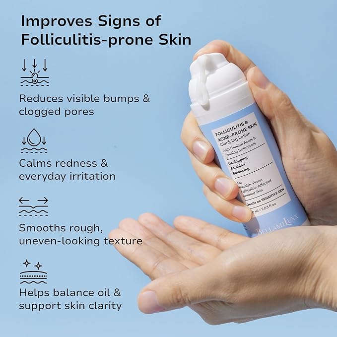 Folliculitis Acne Lotion for Body: Helps Reduce Itch, Redness, Body Acne, Bumps & Uneven Texture with Salicylic & Glycolic Acid + Botanicals - Gentle Care for Folliculitis-Prone Skin
