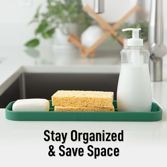 Zulay Kitchen Large Silicone Sponge Holder (12x4) – Flexible Sink Organizer Tray for Kitchen & Bathroom – Multipurpose Soap Dish for Sponges, Makeup, Trinkets & More (Pine Green)