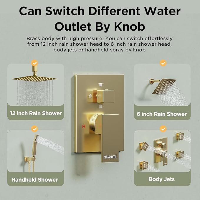 Shower Systems with 4 Body Spray Jets, STARBATH 4 Way 12+6" Rainfall Shower Head with Handheld Combo, Ceiling Mounted Shower Jets System in Wall Shower Faucet Sets Complete,Brushed Gold