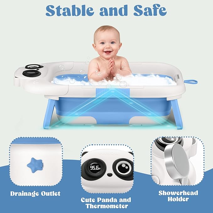 Foldable Baby Bathtub, Lightweight Bathtub for Infants to Toddlers with Soft Cushion & Thermometer, Portable Baby Tub Newborn to Toddler 0-24 Months(Blue)