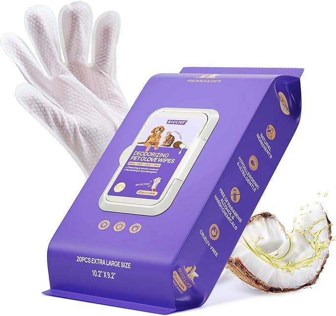 HICC PET Cleaning Deodorizing Glove Wipes for Dogs & Cats, Vet Recommended Hypoallergenic Hydrating & Nourish Fur Pet Grooming Glove Wipes, Pet Bathing Wipes for Horse Coat Care,20pcs Coconut Scent