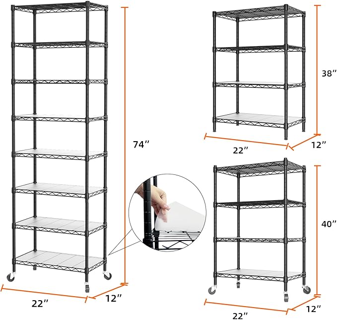 SINGAYE 8 Tier Shelf Organizer Storage Metal Shelves Garage Wire Shelving Unit Pantry Rack Adjustable Standing Storage for Kitchen Closet Laundry Bathroom Pantry 12" D x 22" W x 74" H Black