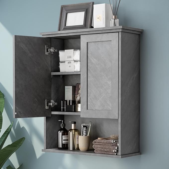 Bathroom Wall Cabinet Over Toilet Storage Cabinets 25x30 in Above Toilet Wood Medicine Cabinets for Bathroom Wall Mounted Cabinet with 2 Door & Adjustable Shelf Texture Grey