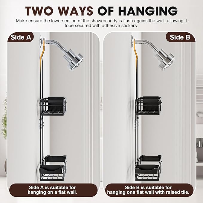Shower Caddy Hanging, Rustproof Shower Shelves - No Drilling Inside Bath, Extended Length Shower Organizer with Soap Holder; Toothbrush Holder, Black