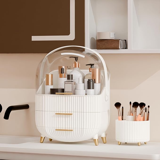 Makeup Organizers and Storage Make up Organizer for Vanity Cosmetics Skincare With Lid and Drawers Display Cases for Countertop Bathroom Women Teenager Girl Gifts(White+Brush Holder)