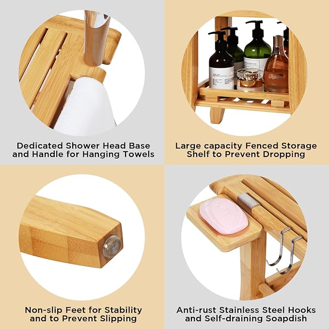 Ollieroo Two-Tier Bamboo Shower Chair for Inside Shower, Waterproof Baby Bath Seat with Storage Shelf, Soap Dish and Shower Head Holder, Shower Stool for Seniors Adults Disabled Pregnant(Natual)