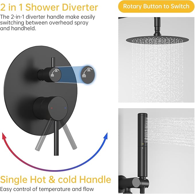 BESy Shower System with 10 Inch Round Rain Shower Head and Handheld Wall Mounted, High Pressure Rainfall Heads Shower Faucet Fixture Combo Set with 2 in 1 Spray Showerhead for Bathroom, Matte Black