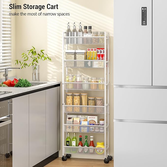 6 Tier Slim Storage Cart, Narrow Cart with Wheels, Metal Mobile Shelving Unit Organizer for Bathroom, Kitchen, Laundry Room, Living Room & Narrow Spaces, White, 6in(W)