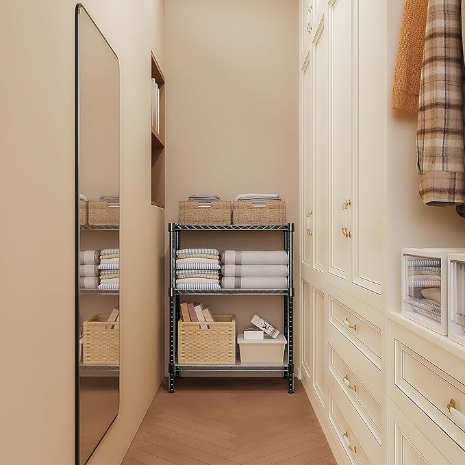 750 lbs 3 Tier Storage Rack Metal Wire Shelving Unit, Storage Standing Shelf Organizer for Laundry Bathroom Kitchen Pantry Closet Garage Basement Utility Room, Black 13.8" D x 29.5" W x 35.5" H