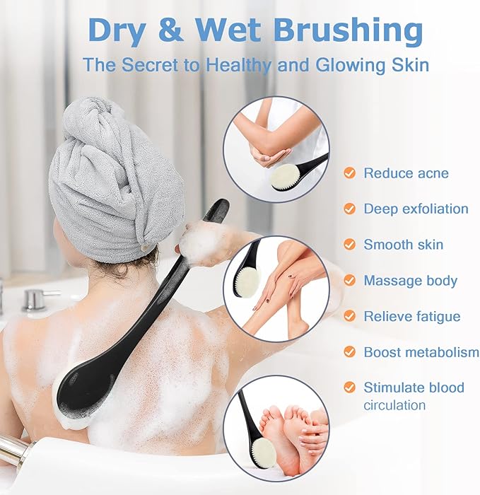 Body Back Scrubber – 17'' Long Handle Shower Brush, Durable Exfoliator for Dry & Wet Use, Deep Cleansing & Gentle Exfoliation for Smooth Skin – for Men, Women & Elderly (Black)