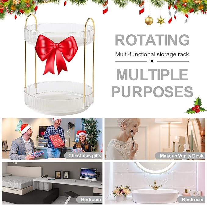 360° Rotating Makeup Organizer, Bathroom Make Up Spinning Holder Rack, Large Capacity Cosmetics Storage Vanity Shelf Countertop, Fits Cosmetics, Perfume, Skincare(2 Tiers, Clear)