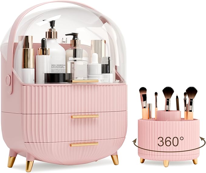 Makeup Organizers and Storage Make up Organizer for Vanity Cosmetics Skincare With Lid and Drawers Display Cases for Countertop Bathroom Women Teenager Girl Gifts(Pink+Brush Holder)
