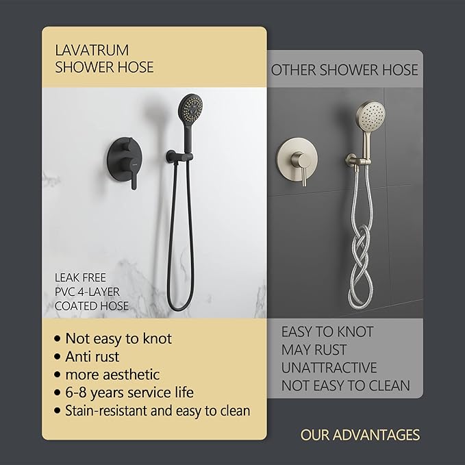 Matte Black Shower Faucet Set, Wall Mount Rain Shower System 10 Inches Shower Head and Shower Handheld, Included Pressure Balance Valve and Trim Kit