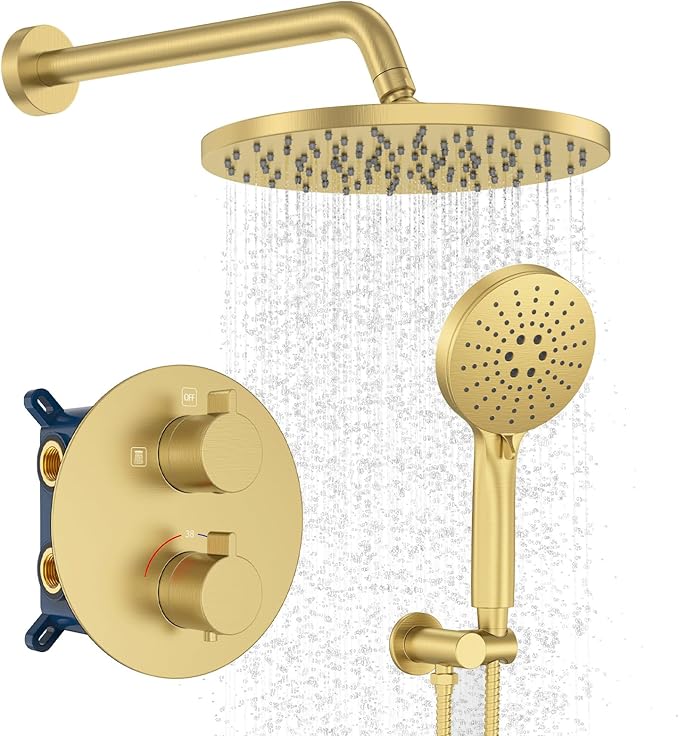 Iriber Thermostatic Shower System Wall Mount with 10 Inch Roud Rainfall Shower Head and Handheld,Shower Faucet Mixer Trim Kit (Valve Included),Brushed Gold